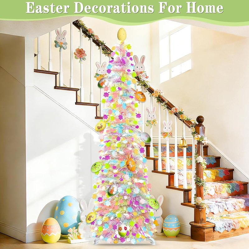 **Skiennix 5Ft Lighted Easter Tree - 50 LED Warm White Lights & Colorful Egg Ornaments | Battery Operated**
