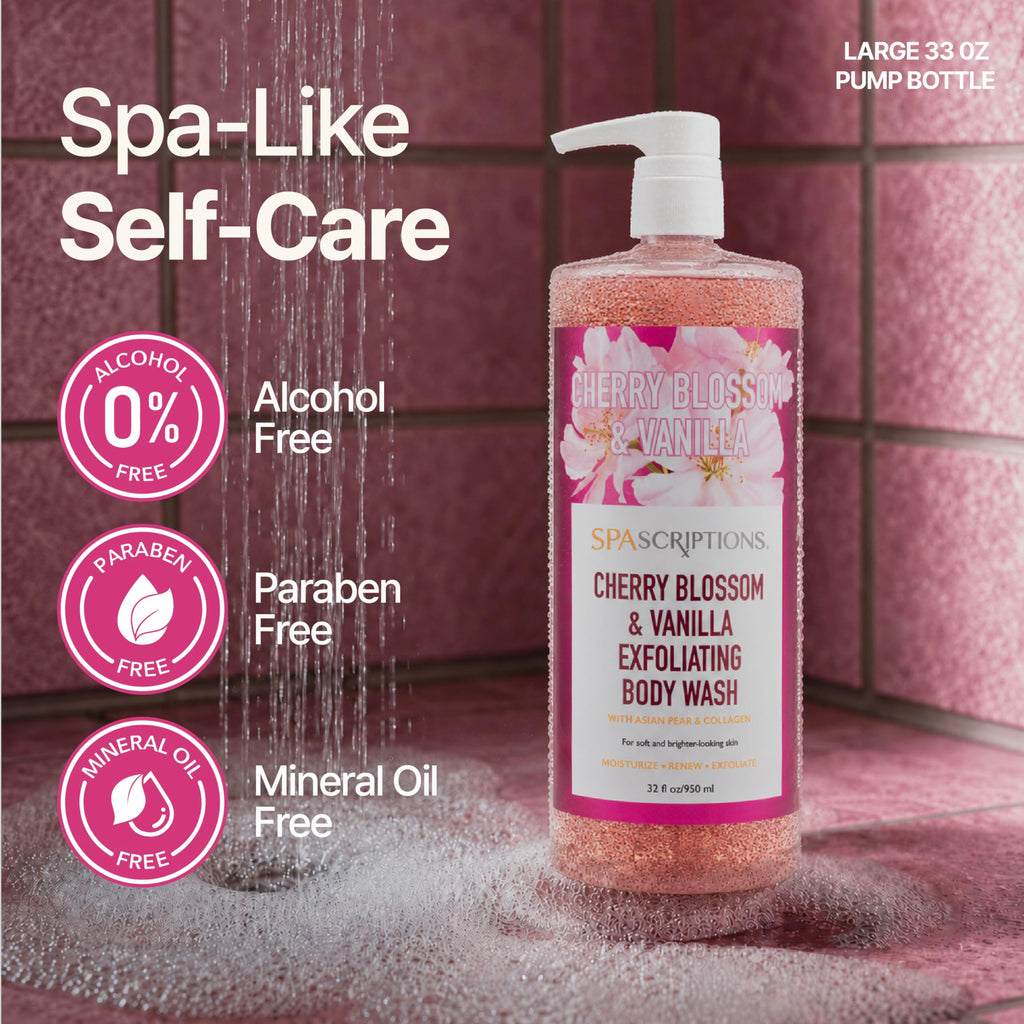 SpaScriptions Cherry Blossom & Vanilla Exfoliating Treatment Body Wash – Natural Exfoliation for Dull Skin with Asian Pear & Collagen for Radiant, Firm-Looking Skin, Hydrating Body Cleanser, 32 oz
