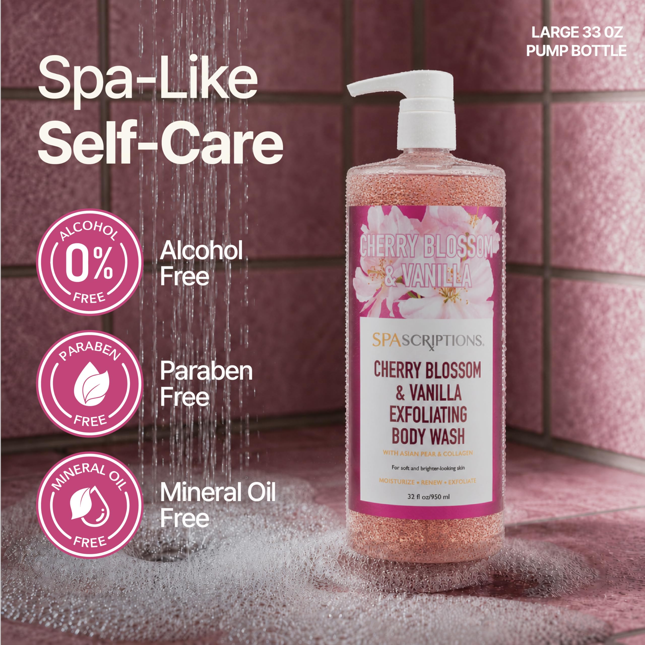 SpaScriptions Cherry Blossom & Vanilla Exfoliating Treatment Body Wash – Natural Exfoliation for Dull Skin with Asian Pear & Collagen for Radiant, Firm-Looking Skin, Hydrating Body Cleanser, 32 oz