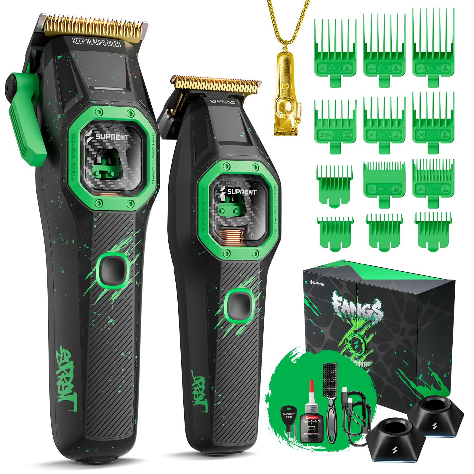 SUPRENT Fangs Professional Barber Clippers - High-Performance 13,000 RPM Vector Motor Hair Clipper Barber Trimmer Set, Professional Haircutting Kit with AI Speed Control, Patented U-Teeth Blade