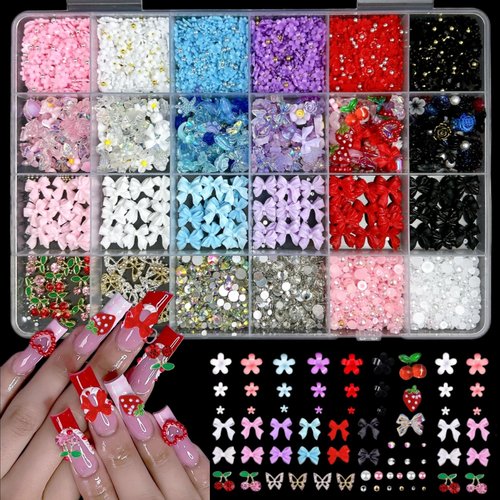 3D Flowers Nail Charms Y2K Kit, Metal Butterfly Cherry Colorful Bow Nail Charms for Nails Art Gems, Flatback Pearls Charms for Nails Bows Manicure DIY Crafts Jewelry Nail Accessories