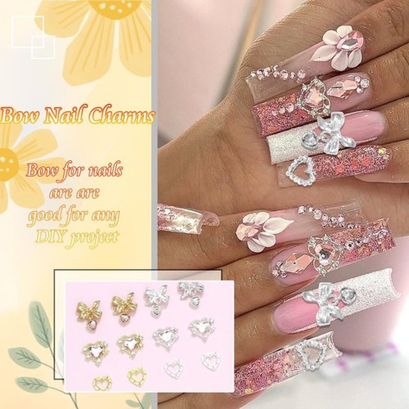 Heart Nail Charms 3D 30PCS Crystal Bow Nail Charms Gold Silver Heart Charms for Nails Crystal Nail Gems and Rhinestones for Nail Art and DIY Crafts Decoration