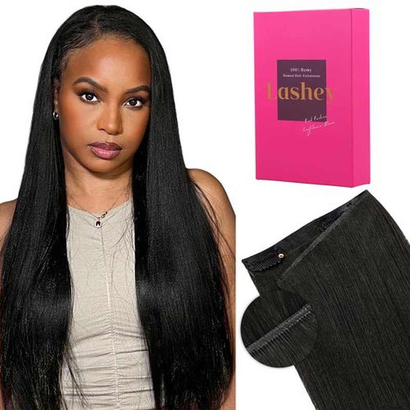 Lashey Genius Weft Hair Extensions Human Hair Natural Black Yaki Straight 7pcs 110g 14 Inch Hair Extensions Real Soft Thin Weft Clip ins for Women