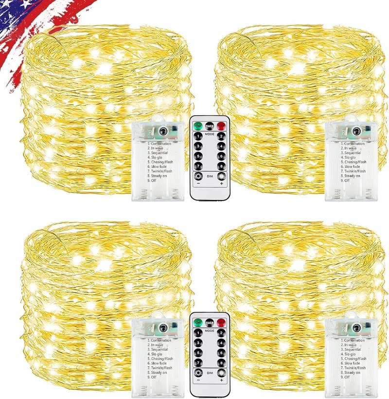 4Pack 80FT 240LED Fairy Lights - Battery Operated String Lights with Remote & Timer | 8 Modes for Indoor/Outdoor Use, Warm White