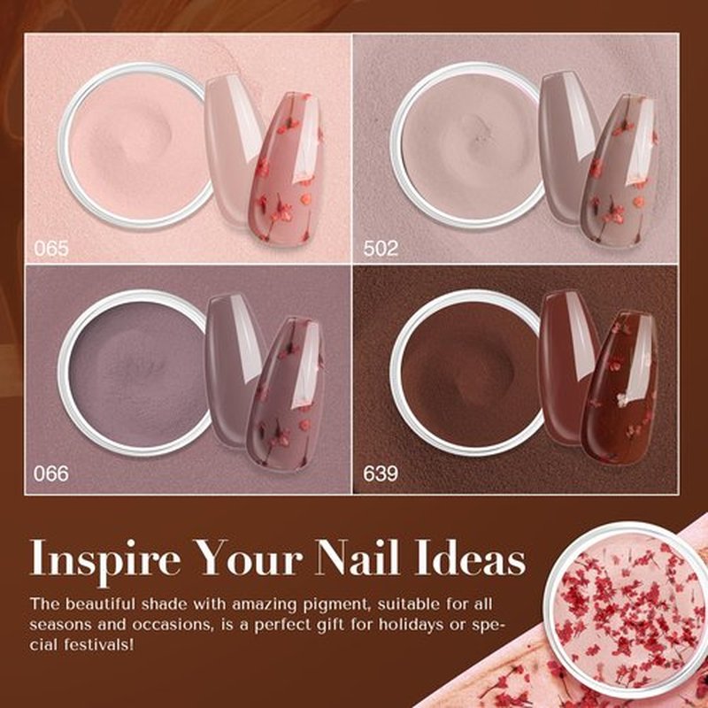 AZUREBEAUTY Dip Powder Nail Kit, 4 Colors Nude Dark Brown with Dried Flower Set, Fall Winter Natural Dipping Powder Starter Liquid Set Recycling Tray with Base & Top Coat Activator ﻿