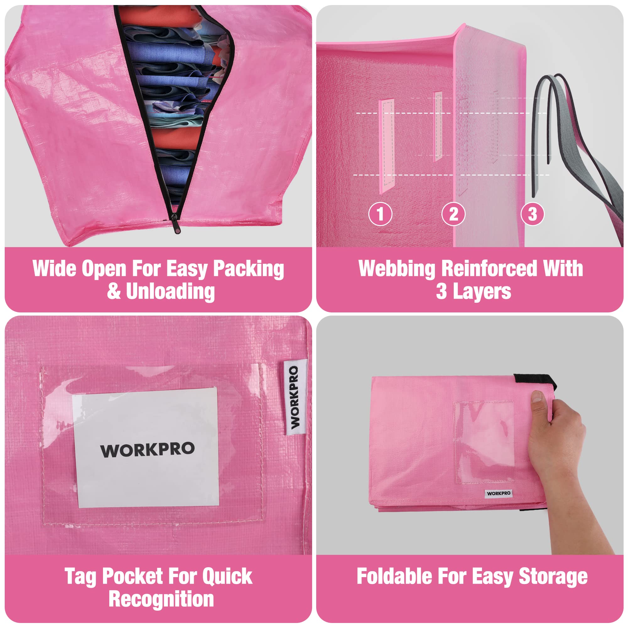 WORKPRO 6 Pack Extra Large Moving Bags with Zippers & Carrying Handles Backpack Straps, Heavy-Duty Storage Tote for Space Saving Moving Storage (Pink)