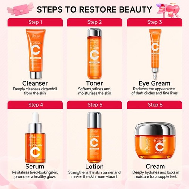6-Piece Hydrating Skincare Set with Vitamin C & Niacinamide, Face Care Kit Includes Toner, Serum, Cleanser, Moisturizer, Eye Cream & Body Lotion | Valentine’s Day Gift for Women