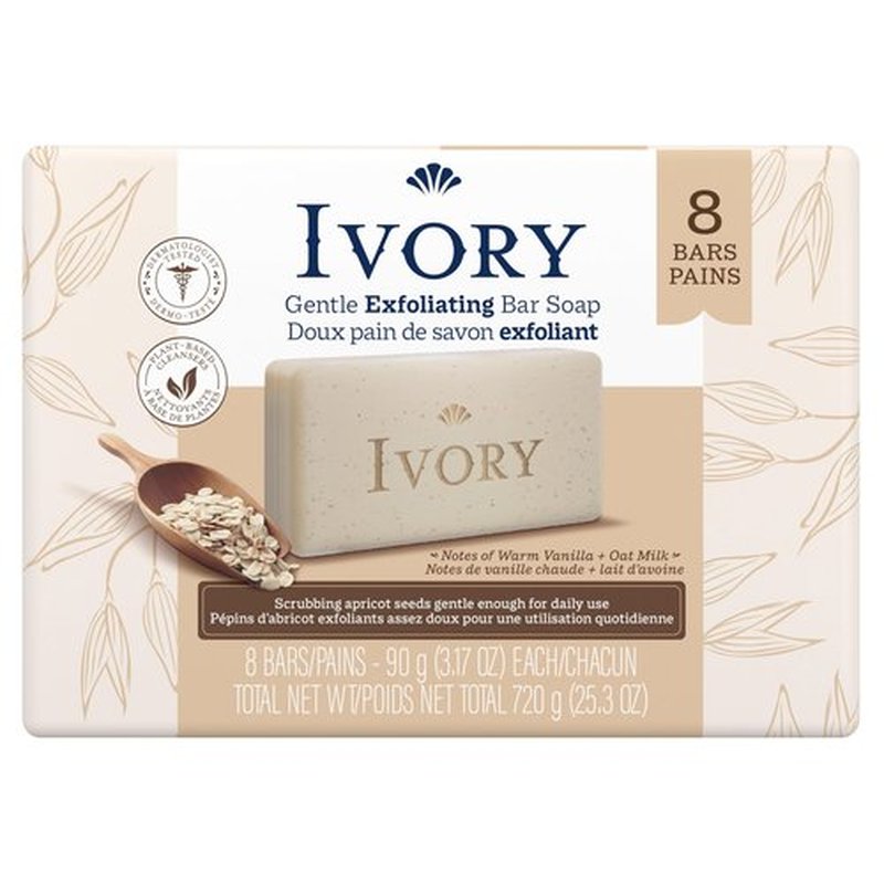 Ivory Exfoliating Bath Bar Soap, Designed for Whole Family with Plant-Based Cleansers, Made Without Heavy Perfumes, Parabens or Phthalates, Warm Vanilla + Oat Milk Scent, 3.17 oz (8 Count)