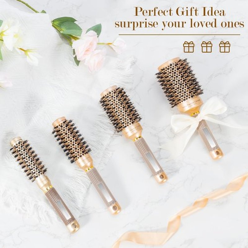 SIMPOR Large Round Brush for Blow Out, Nano Thermal Ceramic and Ionic Tech Round Barrel Hair Brush with Boar Bristles, Roller for Blow Drying (Gold, 4 inch, Barrel 2.7 Inch, 65mm)