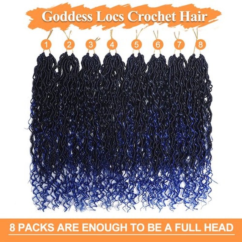 1B/Blue Boho Faux Locs Crochet with Curly Ends 8 Packs Goddess Locs Crochet Hair Pre Looped Crochet Braids Synthetic Hippie Hair Extentions (1B/Blue,18 Inch)