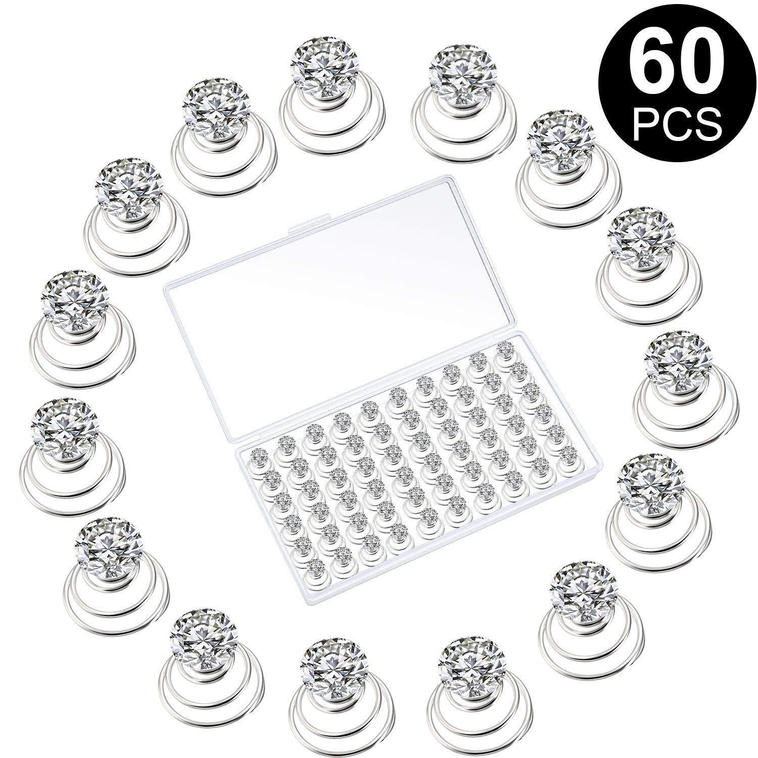 WILLBOND 60 Pieces Rhinestone Crystal Twisters Set Spiral Hair Pin Coil for Wedding, Bridal, Prom, Party and Important Occasion with Clear Container (Clear)
