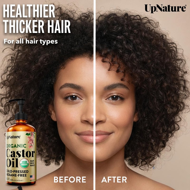 UpNature Castor Oil Organic - 100% Pure USDA Certified Organic Castor Oil for Face Hair Skin - 16oz Amber Glass Bottle, Hexane Free