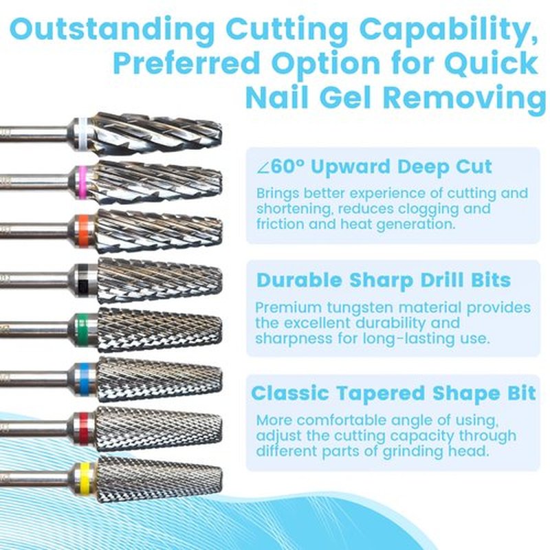 Super Cut 5-in-1 Nail Drill Bits, Tapered Barrel 3/32'' Safety Tungsten Bits, Upward Cut for Hard Gel Acrylic Removal, Right Handed for Nail Techs, Manicure Cuticle Gel Polishing, Fine