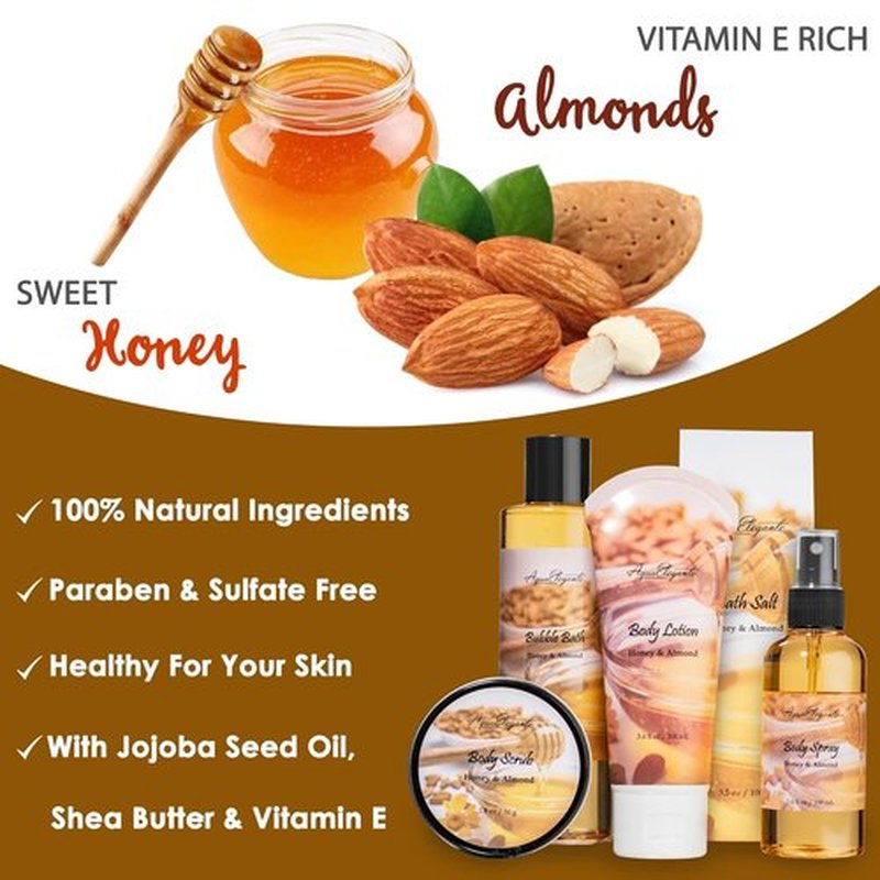 Regine Switzerland Spa Gift Basket - Luxury Honey & Almond Bath Set | Includes Body Wash, Lotion, Scrub & More