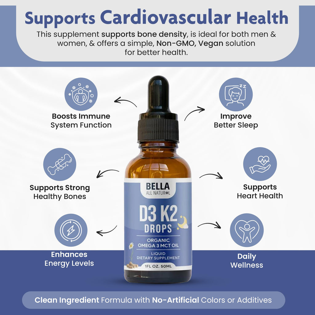 Bella All Natural Vitamin D3 K2 Drops Organic Omega 3 MCT Oil - Evening