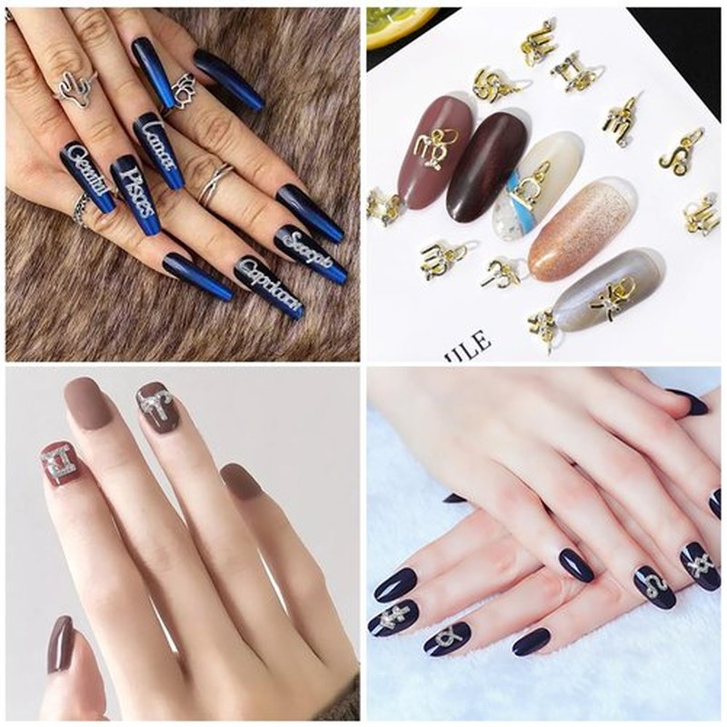 SILPECWEE 36pcs Zodiac Nail Charms 3d Silver Zodiac Sign Nail Letters Flat Back Nail Rhinestones Gold Nail Dangle Jewels Constellation Nail Art Charms Hollow Nail Studs Alloy Nail Decoration