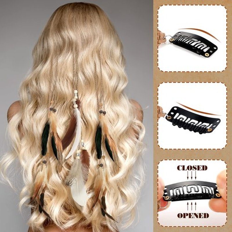 8 Pcs Feather Hair Clips Hippie Handmade Boho Hair Extensions with Feather Clip Comb Braided Beads Headdress Hippie Headpiece DIY Pirate Accessories for Women (Fresh Style)