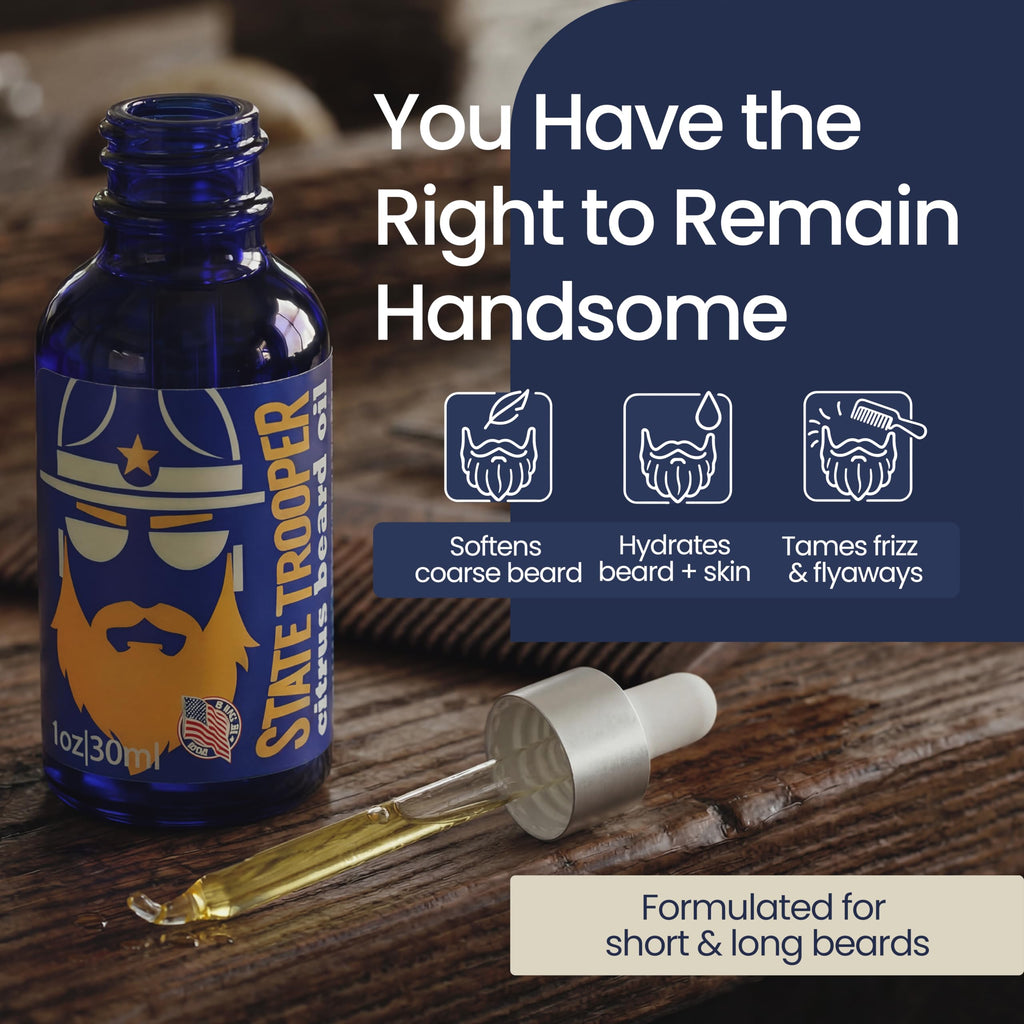 State Trooper Leave-In Beard Oil & Conditioner – Citrus Scent – Softens & Hydrates Dry, Coarse Beard Hair – With Organic Argan, Jojoba, Sweet Almond & Vitamin E – 1 Fluid Ounce
