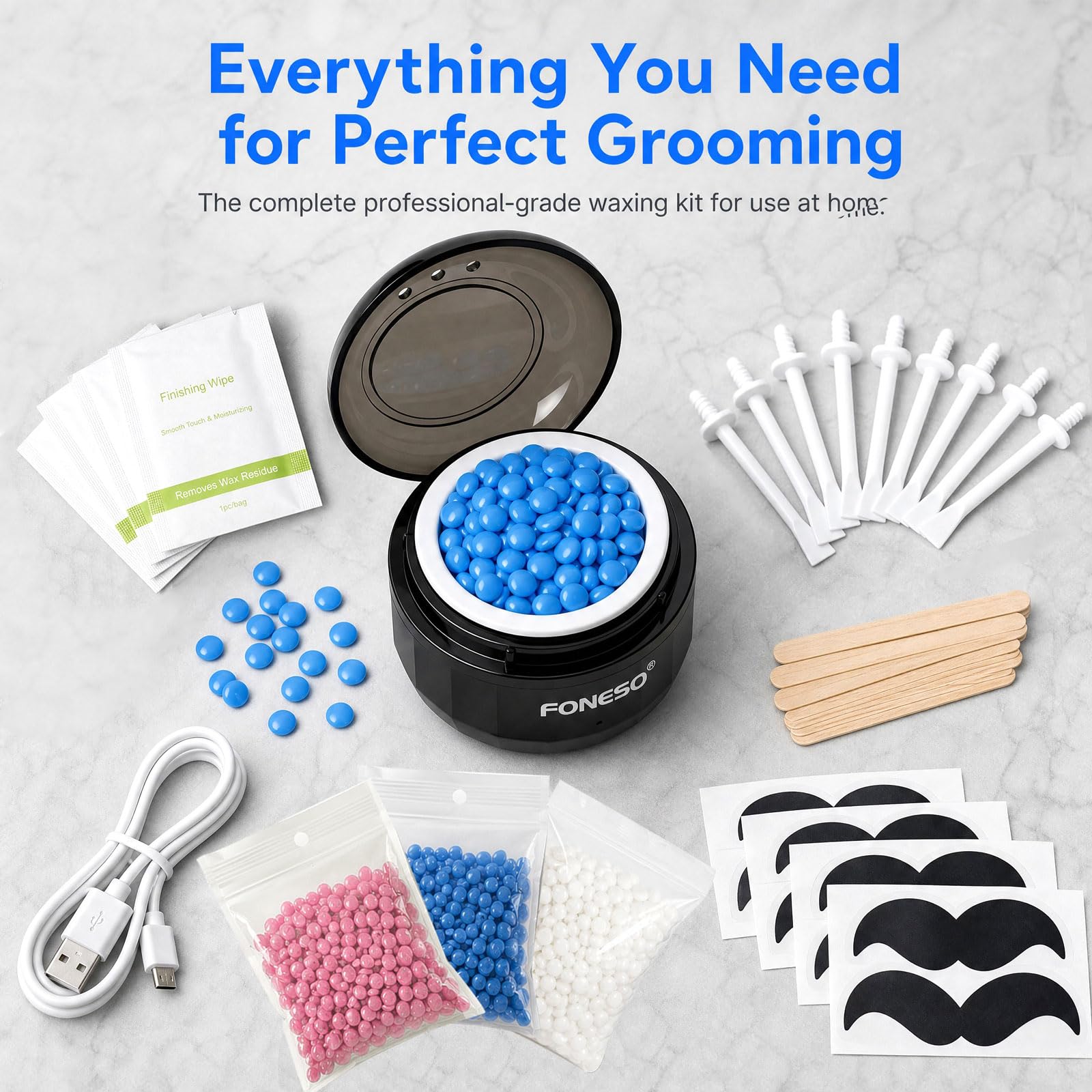 FONESO Nose Wax Kit for Men and Women, Smart Temperature Control Hair Removal Tool with USB Fast Heating, Complete Ear Hair Wax Removal Kit with 200g Wax Beads & 56 Pcs Accessories