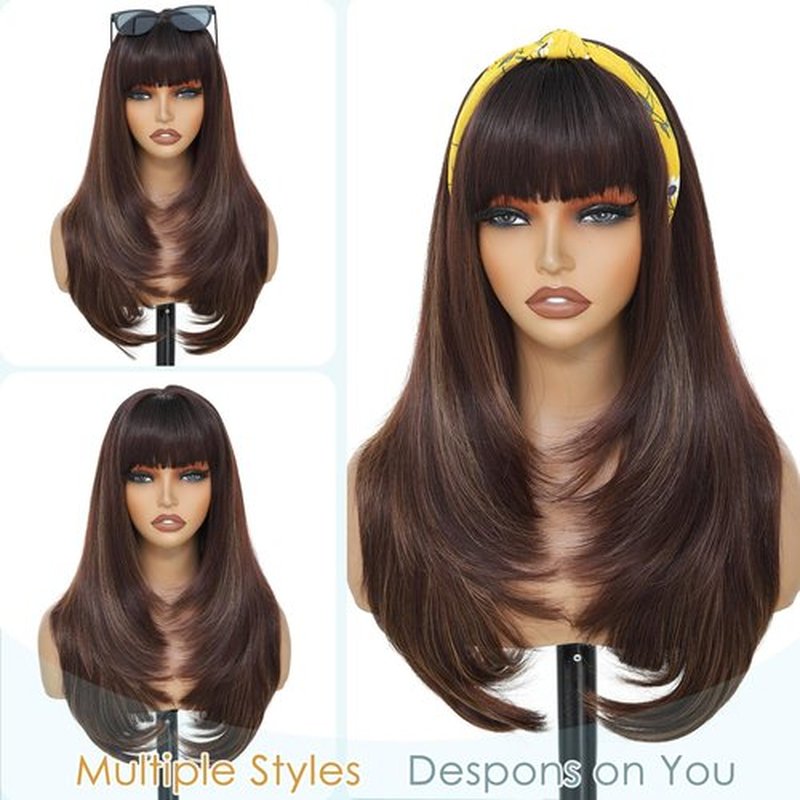 MINLEE Brown Highlights Wig with Bangs for Women Long Wavy Brown Wigs 4x4 Realistic Scalp,26 Inch Layered Brown Hair Wigs Heat Resistant Synthetic Wigs