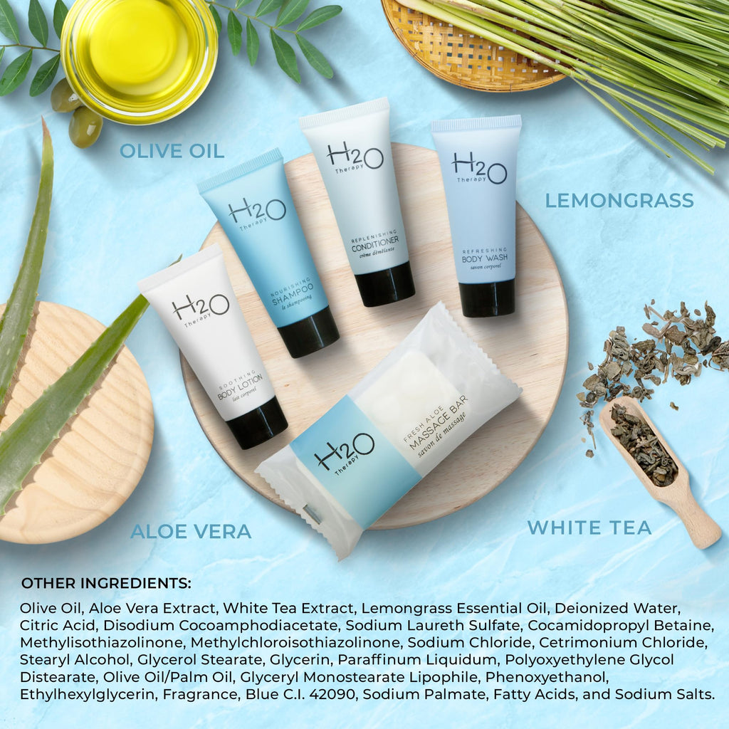 H2O Therapy Amenity & Accessory Kit | 0.85 oz Travel Size Shampoo, Conditioner, Lotion, Body Wash, Massage Bar, Cleansing Bar, Shave & Dental Sets, Make-Up Remover Wipes, & Vanity Kit | 15 sets/case