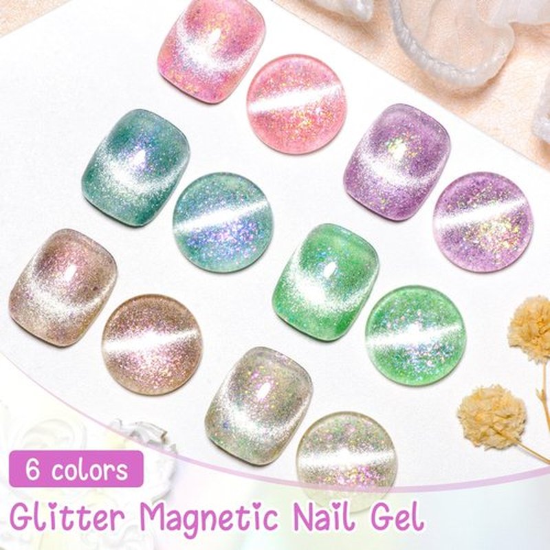 MTSSII Crystal Cat Eye Gel Nail Polish, 6 Colors with Magnet, Glitter Cat Eye Gel Polish Set for Home DIY Manicure Art Design