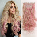 XIXISNOW Clip in Hair Extensions 25 Inch 4PCS Long Wavy Synthetic Hair Pieces for Women - Heat Safe Thick Natural Fake Hairs Extensions Double Weft Clip Ins Party Daily Use Blonde Mix Pink