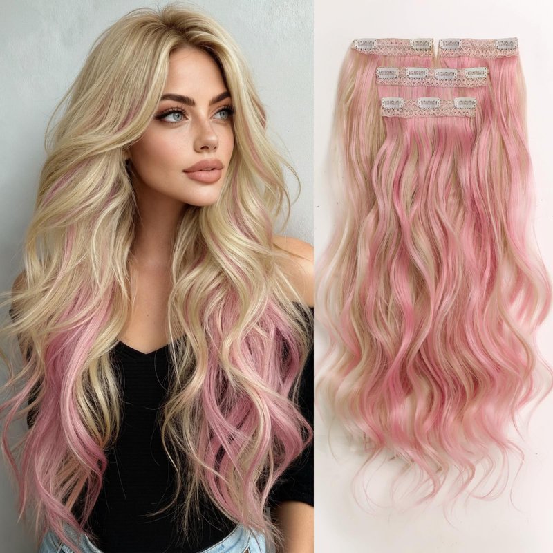 XIXISNOW Clip in Hair Extensions 25 Inch 4PCS Long Wavy Synthetic Hair Pieces for Women - Heat Safe Thick Natural Fake Hairs Extensions Double Weft Clip Ins Party Daily Use Blonde Mix Pink
