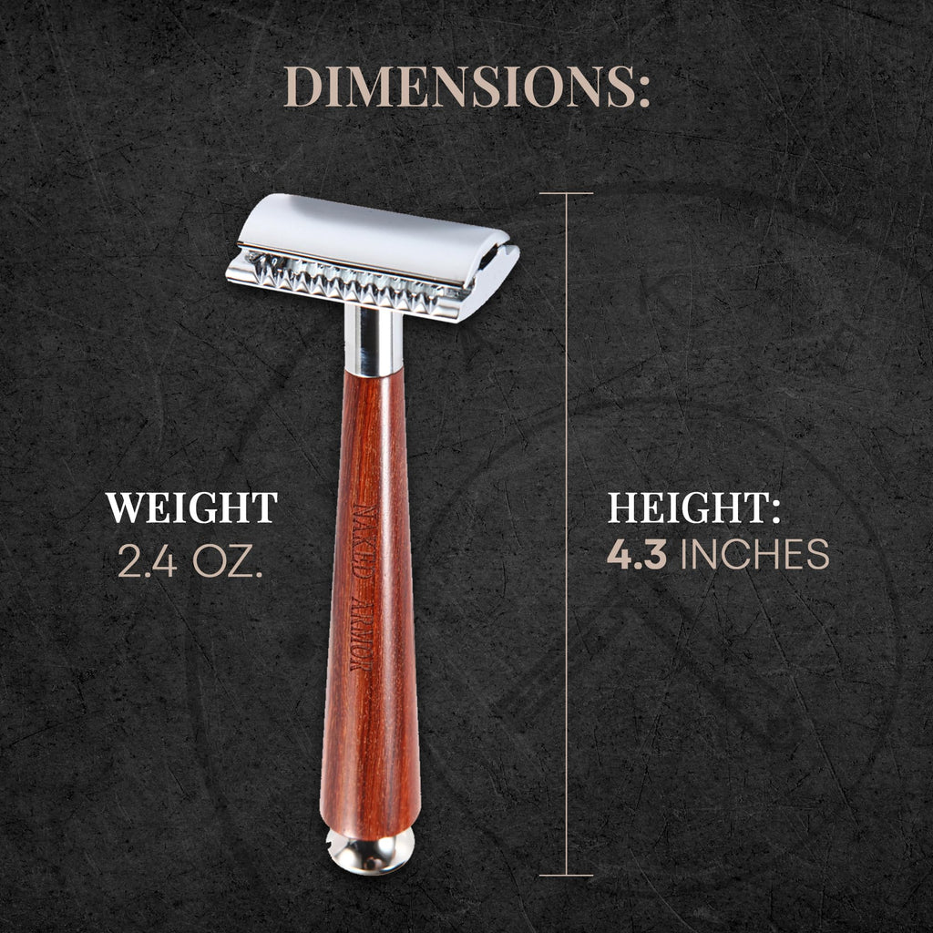 Naked Armor Safety Razor Set for Men – Mahogany Wood Double Edge Razor with Brush, Stand, Bowl, and Organic Soap, Complete Wet Shaving Gift Set