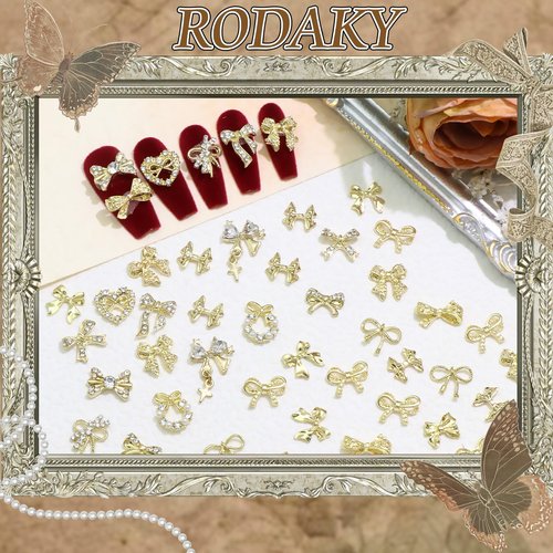 RODAKY 58PCS Bow Nail Charms Gold Charm for Nails Crystal Heart Bowknot Nail Art Gems Rhinestone Luxury Cute Nails Decoration for Manicure Design DIY