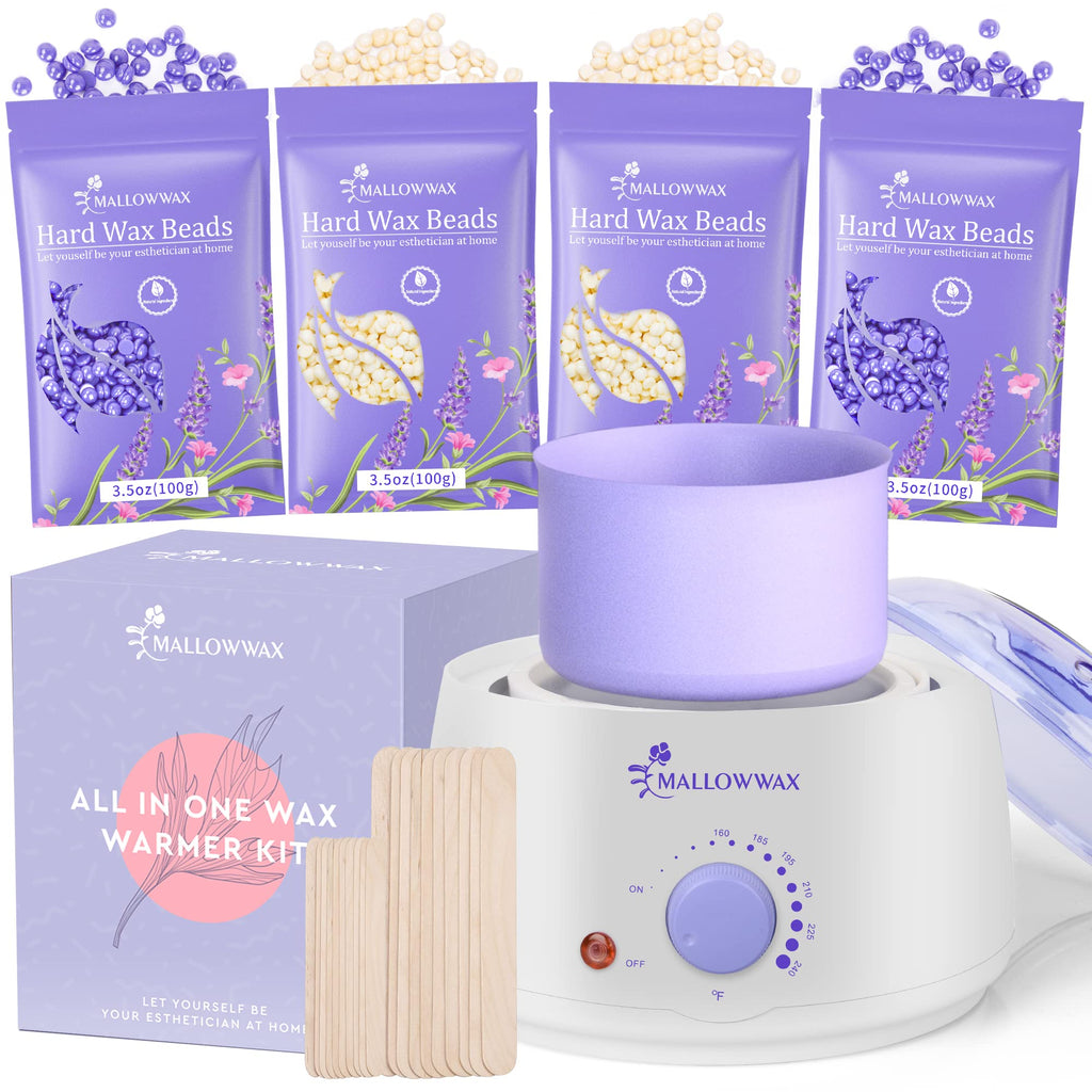 Waxing Kit,Wax Warmer for Hair Removal with Adjustable Temperature Dial.Mallowwax Wax Machine for Full Body Hair Removal Sensitive Skin with 14.1oz Wax Beads and A Reusable Silicone Wax Pot