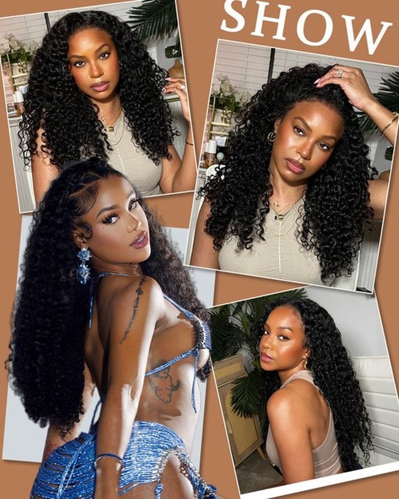 jcoolo V Part Wig Human Hair Kinky Curly Upgrade U Part Human Hair Wig With Adjustable Drawstring 200% Density V Shape Clip In Half Wig For Women Natural Color 20 Inch
