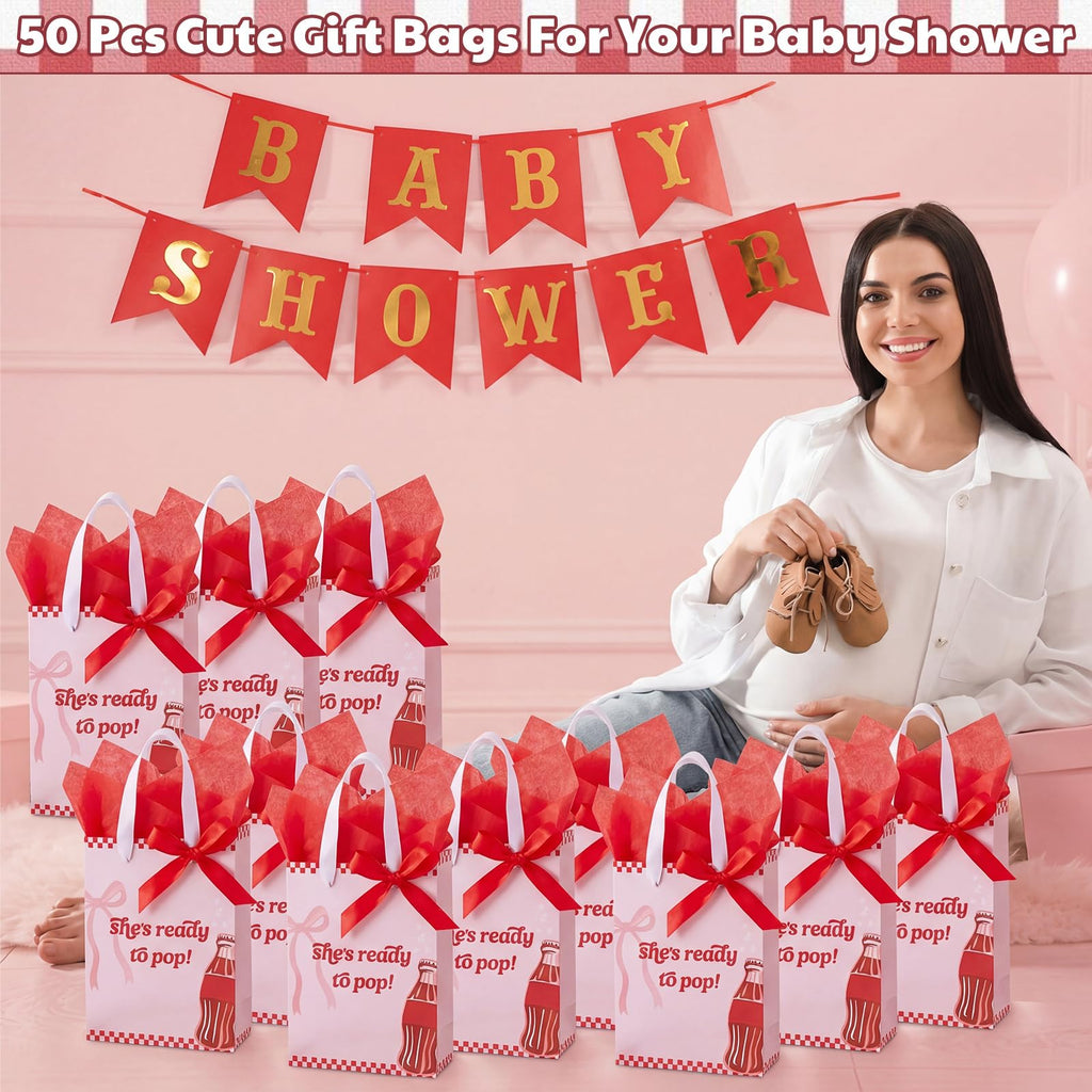 Willinglong 50 Packs She's Ready to Pop Baby Shower Gifts Bags Bulk Baby Shower Favor Bags with Handle Paper and 50 Sheets Decorative Tissue Paper for Guests Gifts Gender Reveal