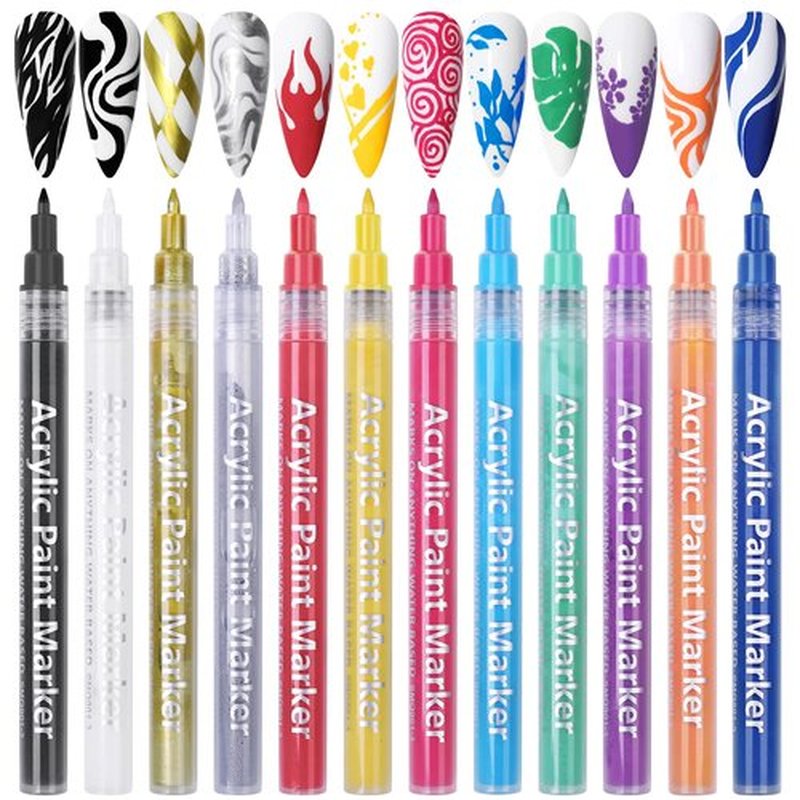 12 Colors Nail Art Pens Set, Halloween Colors Acrylic Paint Pens Fine Tip Nail Pens for 3D Nail Art, Nail Point Graffiti Dotting Pen Line Drawing Painting, Flower Patterns Design, DIY Manicure Tools