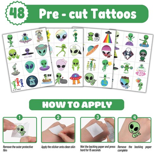 Cherisnowy 72 PCS Alien Party Favors 48 Tattoos Sticker and 24 Slap Bracelets Wristbands Perfect for Space Themed Birthday Baby Showers or Classroom Rewards Ideal Decor and Gifts for Girls and Boys
