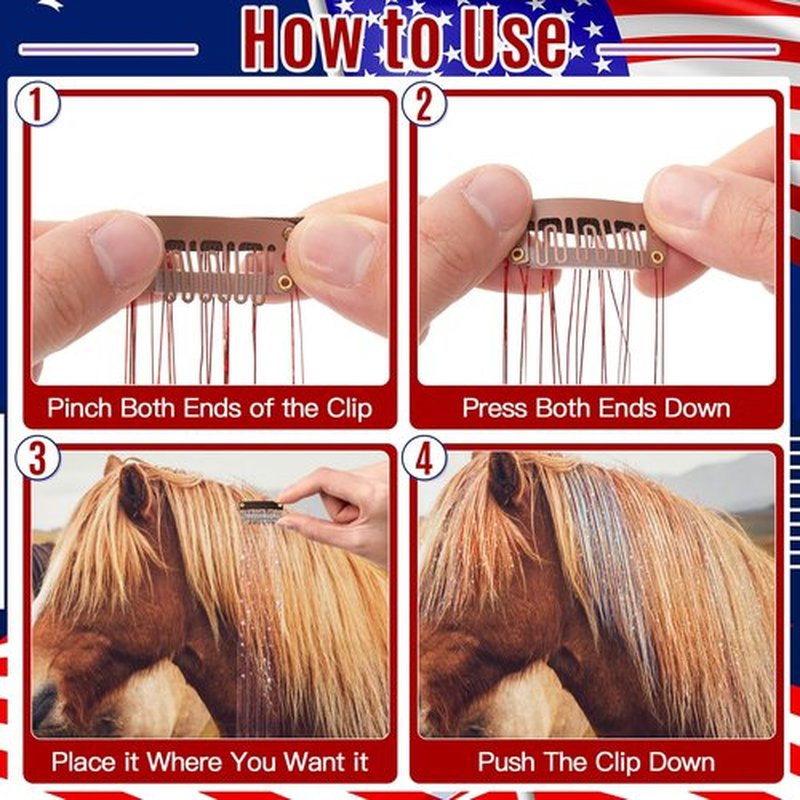 Juexica 18 Pcs Horse Accessory Clip in Hair Extensions for Mane and Tail Tack Stuff Pony Hair Tinsel for Halloween Western Bride Horse Lover and Girls Birthday(Patriot)