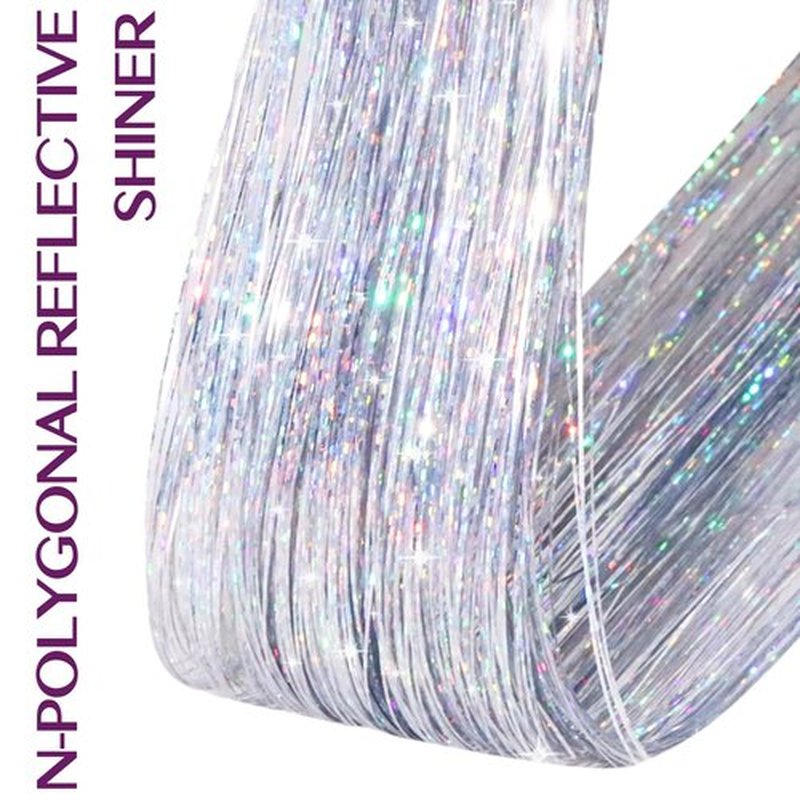 IDN BEAUTY Hair Tinsel Clip in, 6pcs Silver Sparkling Tinsel Hair Extensions 3s Wear and Go for Party Daily Travel Birthday, 24Inch Hair Accessories for Girls Women Kids