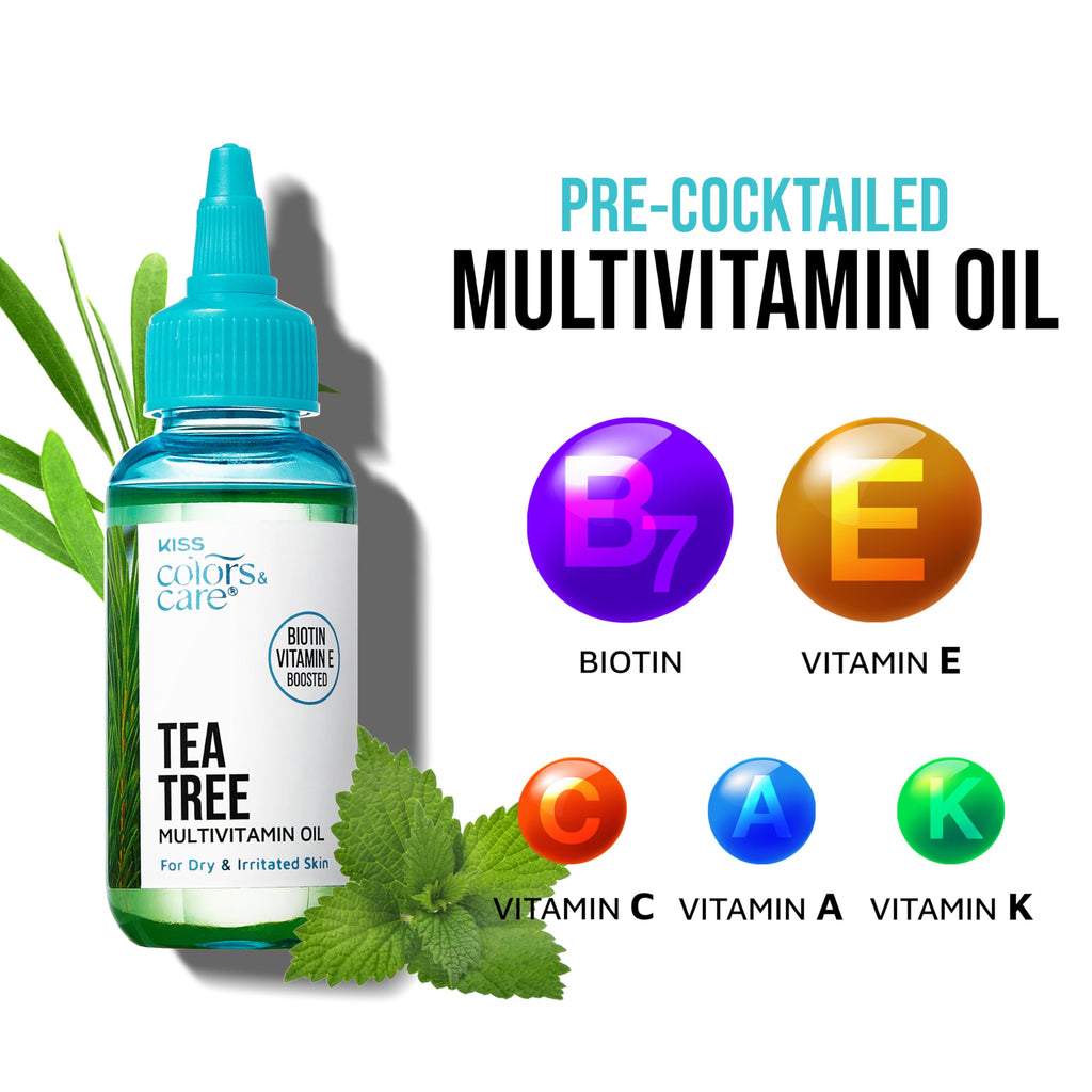 Kiss Colors & Care Tea Tree Multivitamin Oil for Hair & Skincare, Infused with Biotin, Vitamin E and Natural Oils for Long-Lasting Hydration & Repair, 2.5 fl. oz.