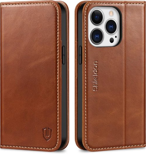 SHIELDON Genuine Leather Folio Wallet Case for iPhone 13 Pro 5G - RFID Blocking, Shock Absorbing, Retro Brown
