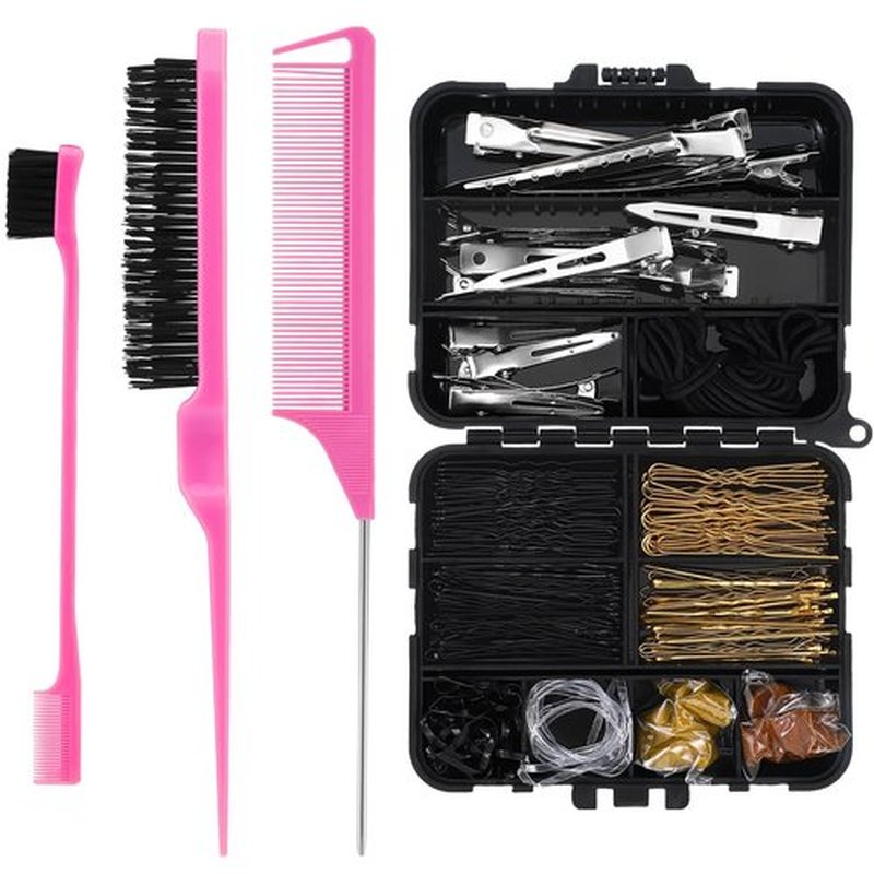 Teenyyou 164 Pcs Hair Accessories Kit with 160 Bobby Pins Net Bands Ties 3 Complete Slick Back Hair Brush Set and Storage Box Dance Cosmetology Kit for Dances Ballet Competition Weeding Party(Pink)
