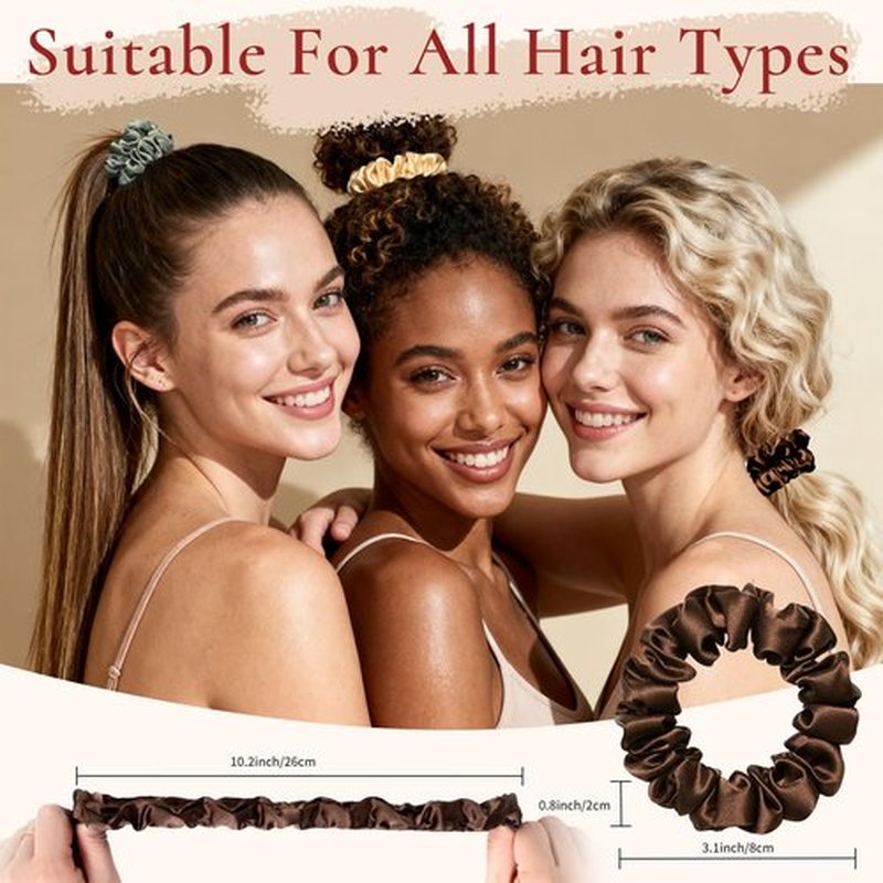 Silk Hair Ties 3 Pack 6A 100% Mulberry Silk Scrunchies 22 Momme Small Sleep Ties and No Damage No Crease for Women Girls Curly Thick Thin Hair, Sample Fabric Provided (Coral & Light Brown & Beige)