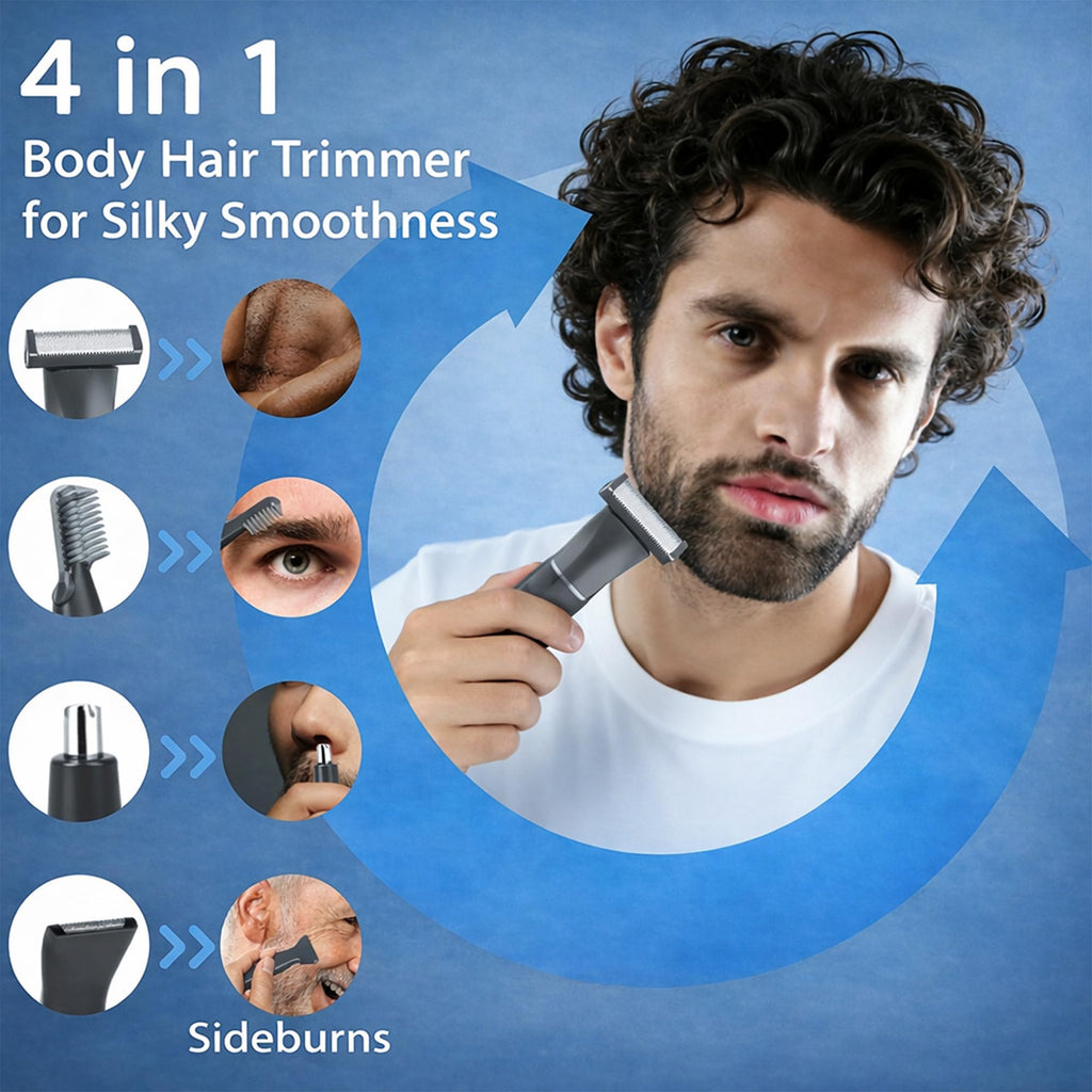 ULAIDO Body Hair Trimmer for Men, 4 in 1 Versatile Trimmer Shavers for Nose Ear Eyebrow Body Hair Trimming, USB-C Fast Charge Electric Pubic Hair Trimmer for Smooth Shaving with Storage Bag