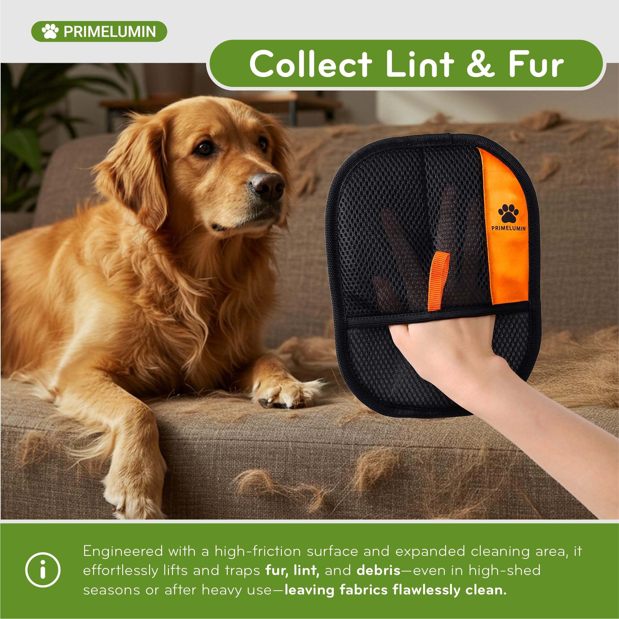 PRIMELUMIN Pet Hair Remover Glove for Dogs & Cats 2026 Upgraded Design Reusable Electrostatic Fur Remover Mitt for Couch, Furniture, Carpet, Car Seats & Clothes, Fast & Effortless Cleaning