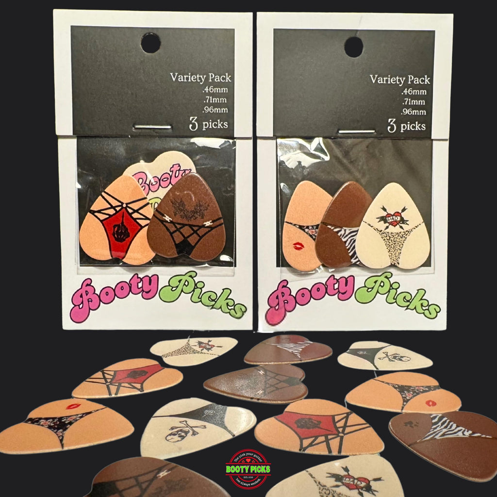BOOTY PICKS Premium Celluloid BOOTY themed Guitar Picks, BOOTY PICKS Variety Pack with Novelty Designs, Light (.46mm), Medium (.71mm), Heavy (.96mm), (6 count)