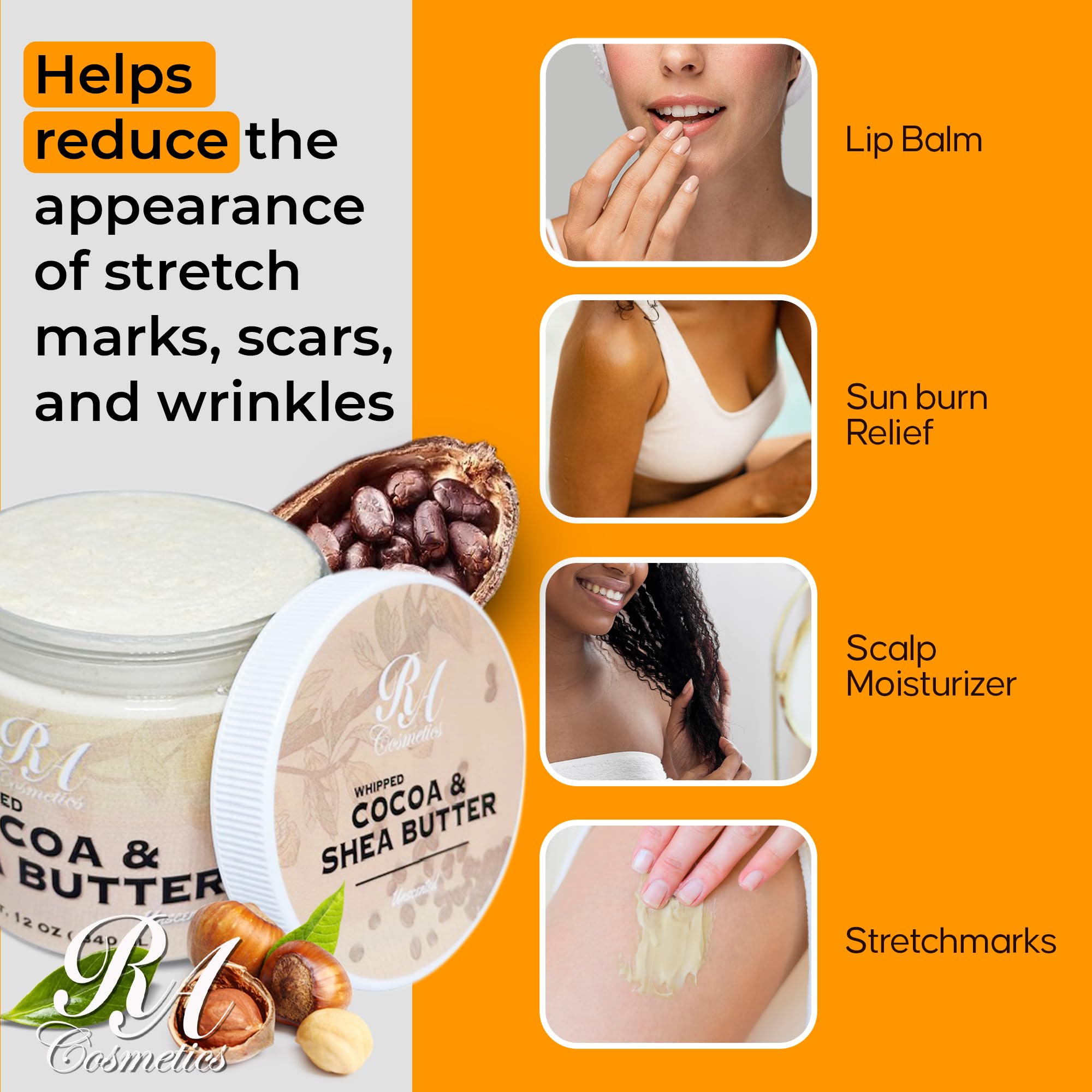 RA COSMETICS Whipped Cocoa & Shea Butter, Unscented - 12oz | 100% Pure & Natural Skin Moisturizer with Coconut Oil | Vitamin-Rich Body Butter for Soft, Supple, and Radiant Skin & Healthy Hairs