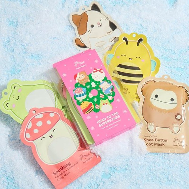 TONYMOLY x Squishmallows Head to Toe Mask Set - 5-Piece Hydrating & Brightening Holiday Gift Set | Soothing Face, Hand & Foot Masks