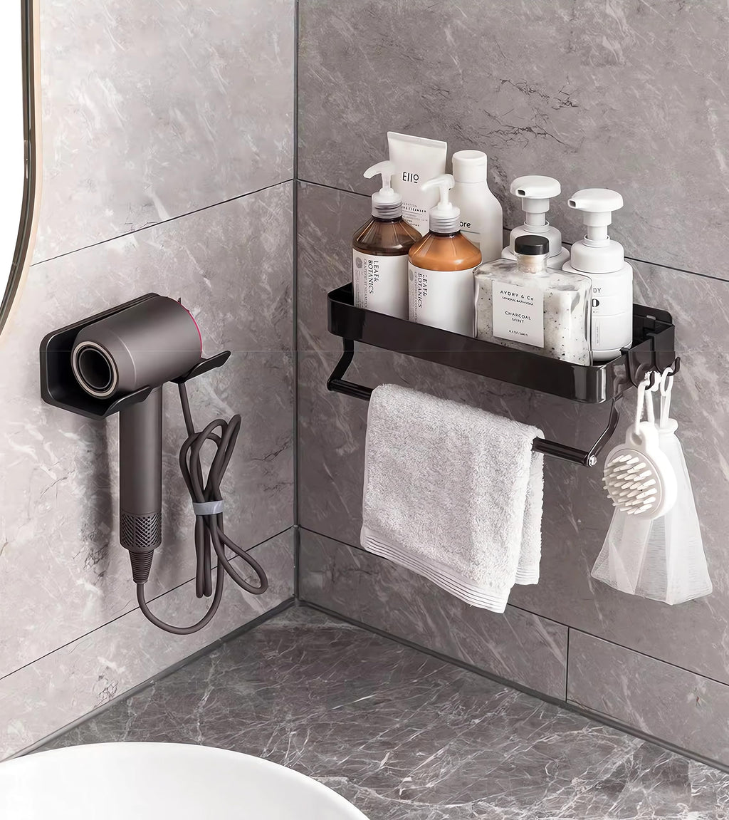 SUPTEC Universal Hair Dryer Holder, Blow Dryer Hanger Wall Mount for Hair Dryer Hook with Plug&Cord Organizer Self Adhesive for Cabinet Bathroom(1 Pack Black)