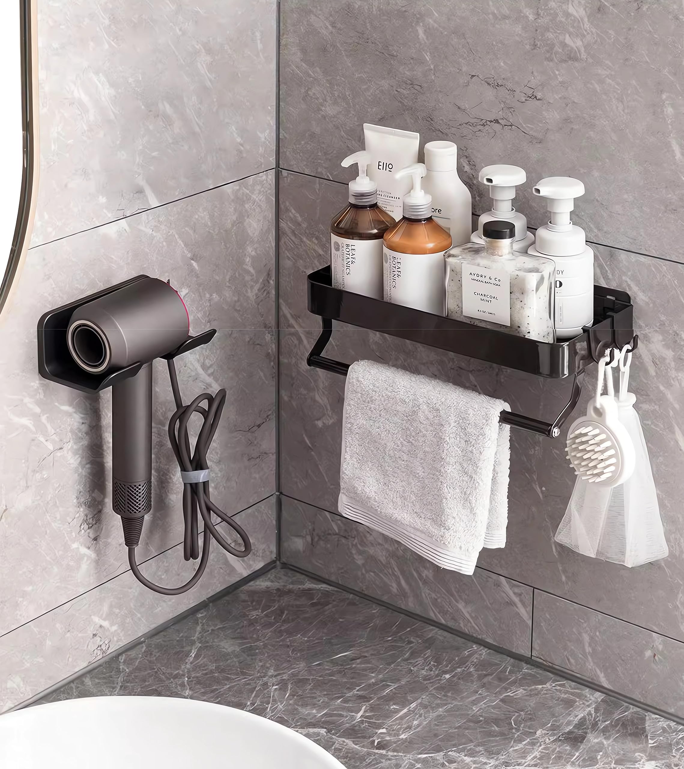 SUPTEC Universal Hair Dryer Holder, Blow Dryer Hanger Wall Mount for Hair Dryer Hook with Plug&Cord Organizer Self Adhesive for Cabinet Bathroom(1 Pack Black)