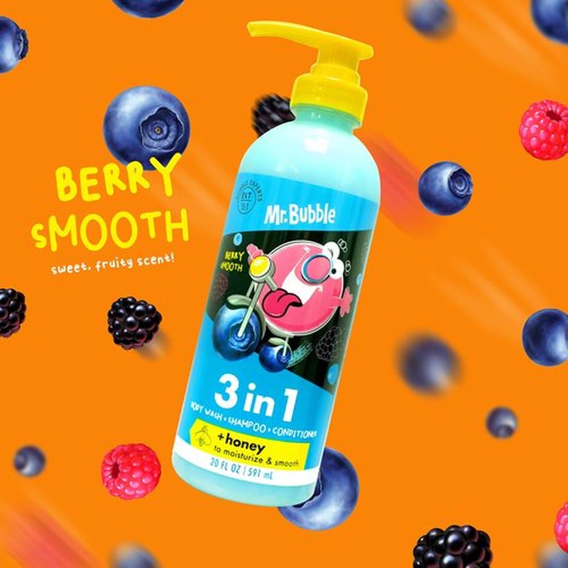 Mr. Bubble Berry Smooth 3-in-1 Body Wash, Shampoo & Conditioner Plus Honey Moisturize and Smooth Hair and Body 3-Pack