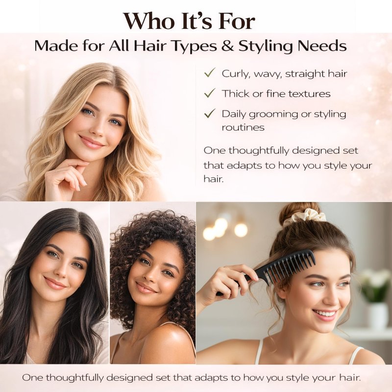 Vivedge Carbon Fiber Hair Comb Set for Curly Hair Woman|Wide Tooth Comb, Parting, Fine Tooth for Detangling, Styling for Natural Fine Straight to Curly, Thick, Wet or Dry Hair (Black-Pink)